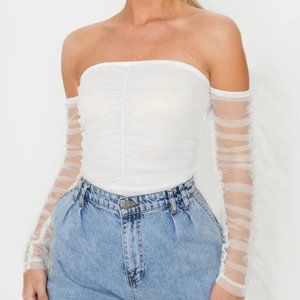 NWT Pretty Little Thing White Mesh Frill Sleeve Bardot Bodysuit 4